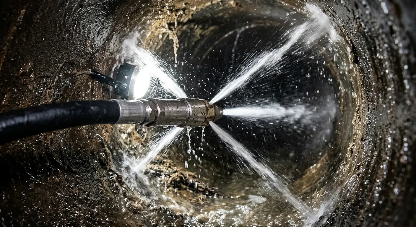 High-pressure hydro jetting nozzle cleaning sewer pipe for Trenchless Sewer Repair in Russellville