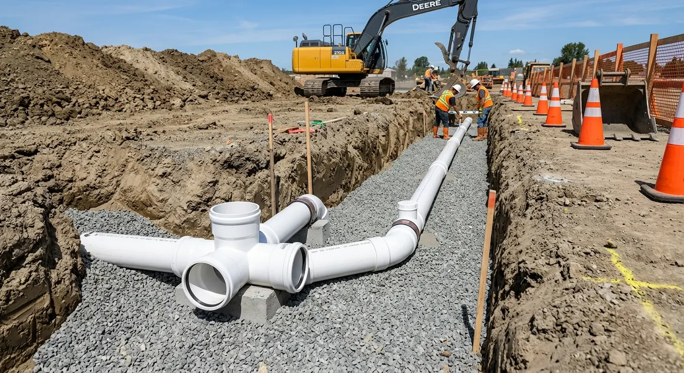 New PVC sewer pipe installation in open trench for Commercial Drain Cleaning in Russellville