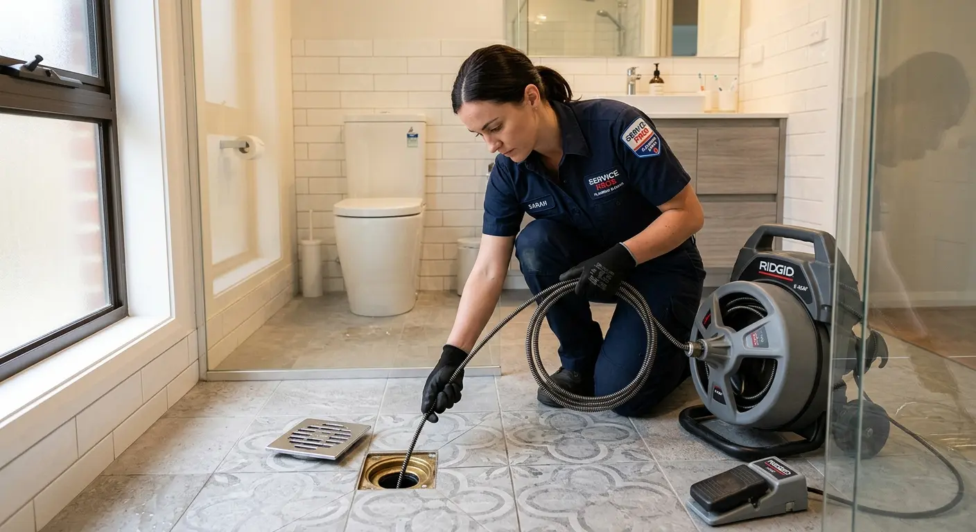 Technician clearing a bathroom floor drain for Clogged Drain Repair in Russellville